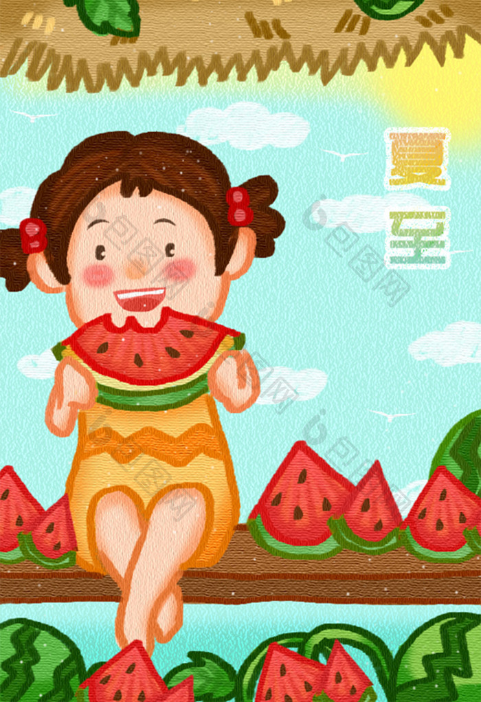清新自然卡通可爱夏日夏至人物水果插画