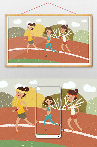 红色运动跑步女生跑道植物锻炼手绘卡通插画图片