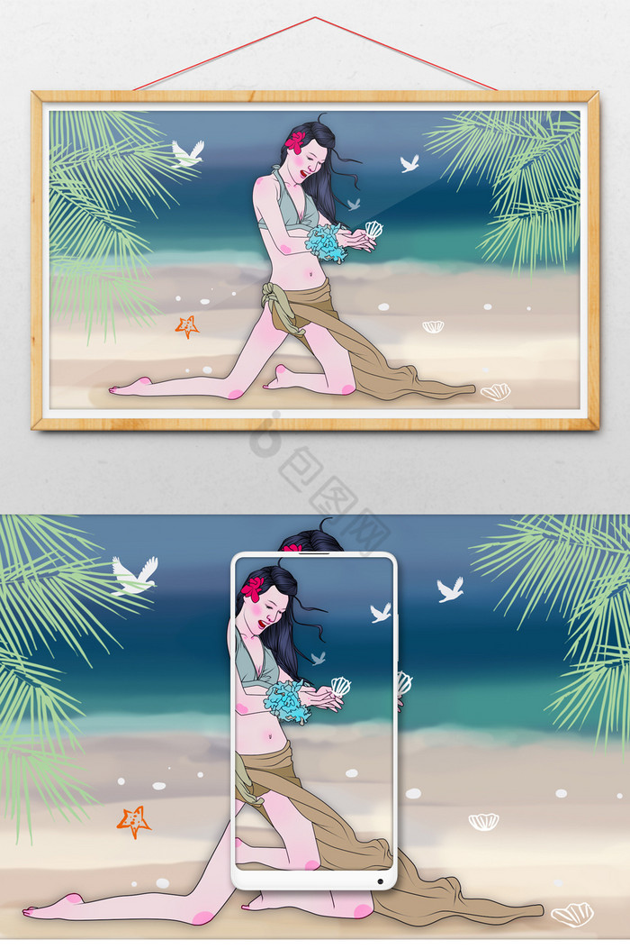 夏日运动游泳沙滩美女插画图片