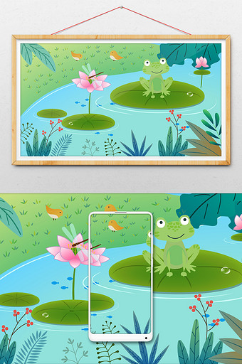 可爱夏至夏季夏日池塘里的青蛙卡通插画图片