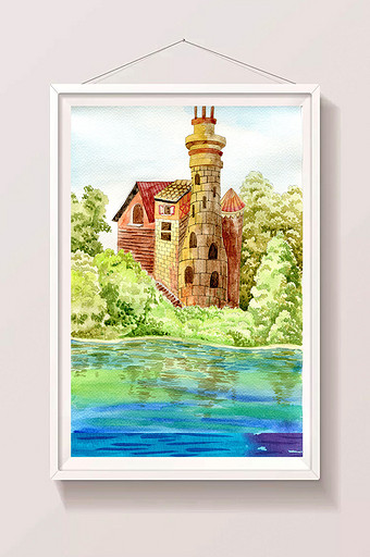 绿色城堡清新山水水彩手绘扁平背景图片
