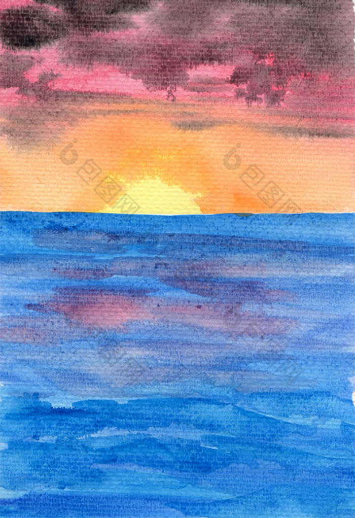 蓝色夕阳夏夜水彩手绘插画背景素材