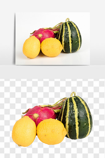 新鲜甜瓜火龙果柠檬高清免抠水果组合元素图片