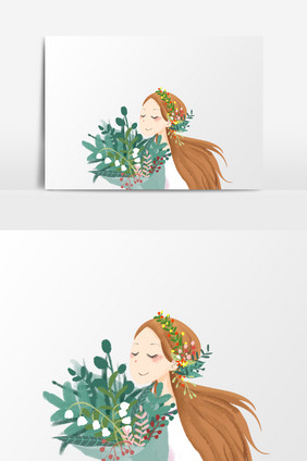 捧花的少女插画元素素材