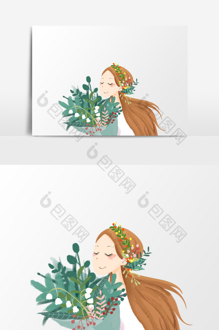 捧花的少女插画元素素材