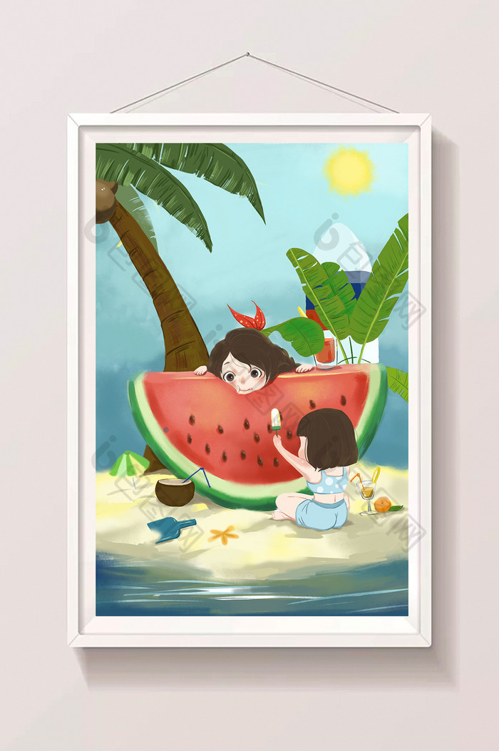 夏日海边小女孩吃西瓜