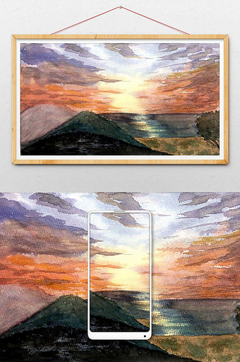橙色夕阳朝阳清新山水水彩手绘扁平背景图片