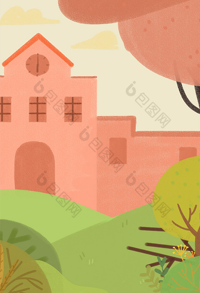 卡通树木房子场景插画元素素材
