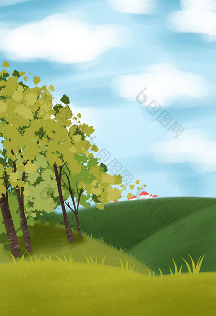 水彩涂鸦树木山坡插画海报设计背景图