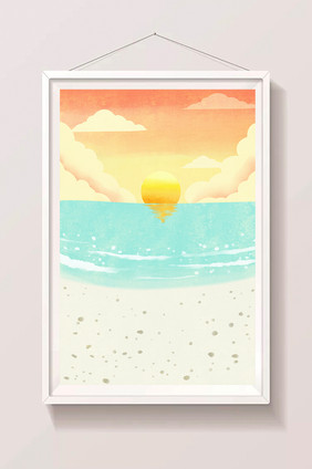 海边夕阳插画海报设计背景图