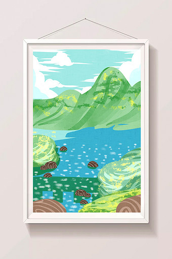 郊外山峰山水插画海报设计背景图片