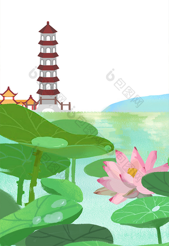 荷花池塘插画图图片