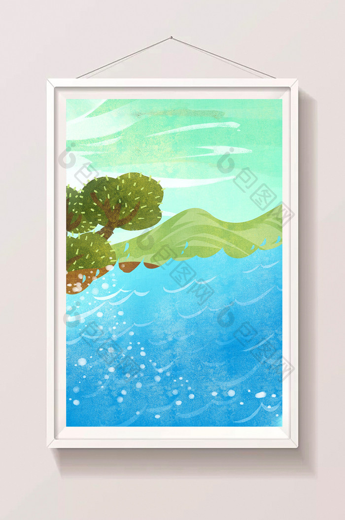 卡通海浪树木插画海报设计背景图