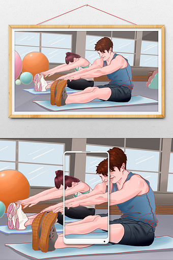 男女健身瑜伽卡通风插画图片