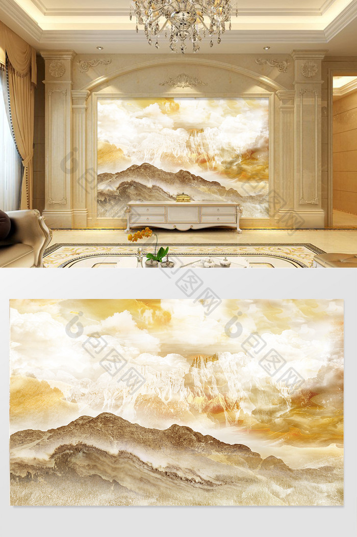 高清3D大理石纹山水花日出背景墙云影山脉