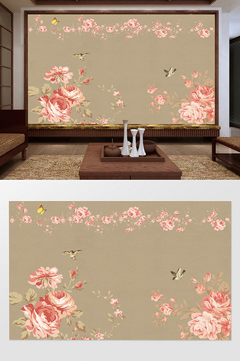 新中式手绘暖色花鸟电视背景墙图片