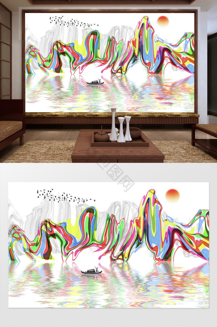 中式抽象山水电视背景装饰画图片