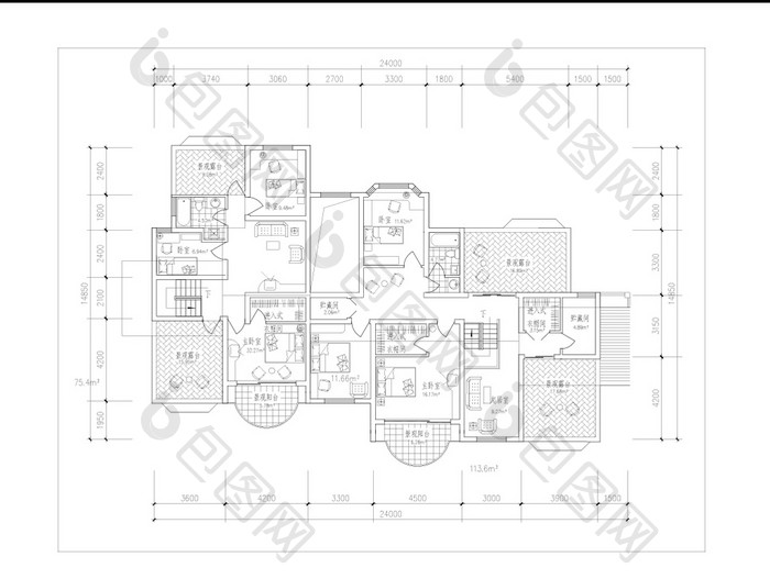 CAD家装户型图三室两厅两露台