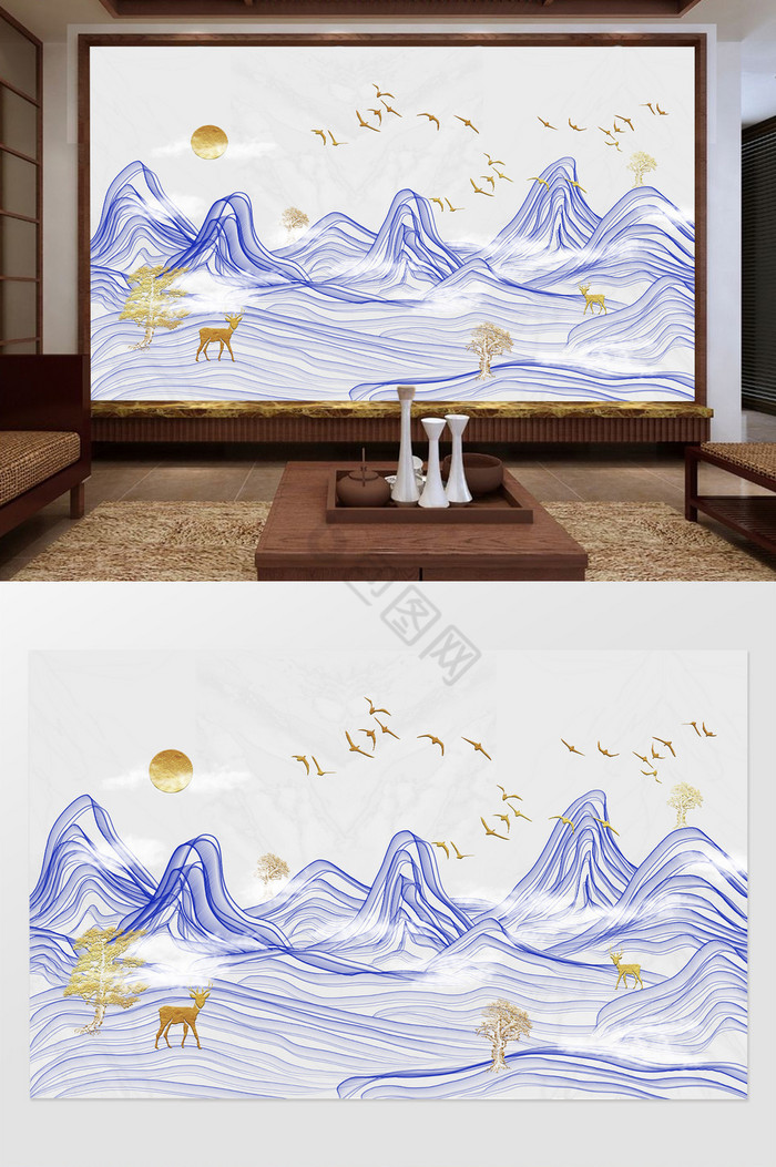 新中式抽象山水电视背景墙图片