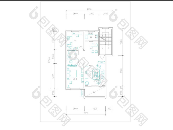 CAD家装户型两室两厅户型