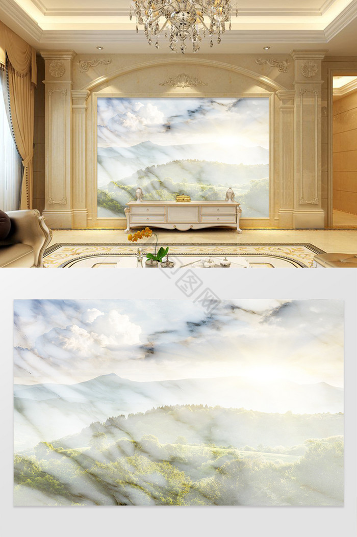 高清3D大理石纹山水花日出背景墙日出东边图片