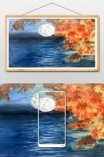 蓝色夏日夜晚明月海边月亮风景水彩手绘背景图片
