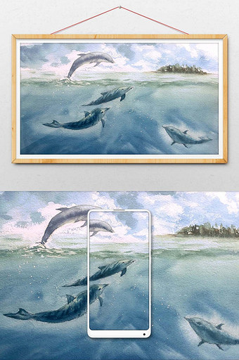 蓝色夏日海边风景海豚水彩手绘的背景图片