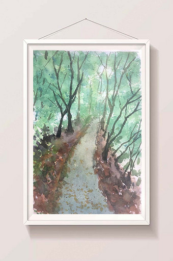 绿色清新树林小路山水水彩手绘扁平背景图片