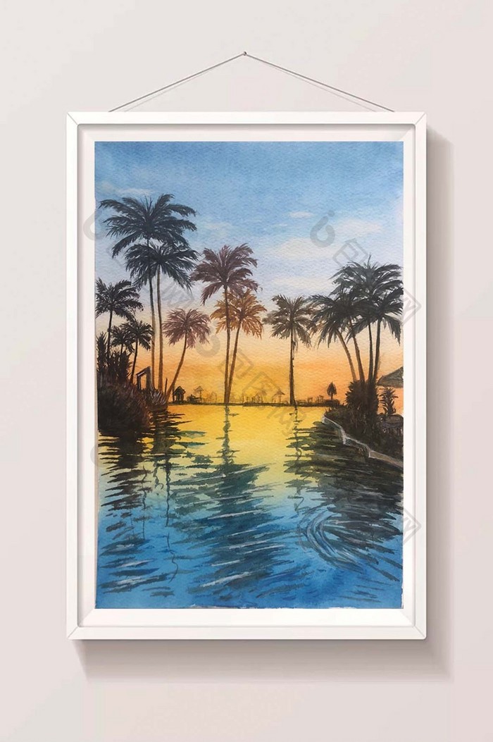 蓝色椰子树夏日海边风景水彩手绘的背景