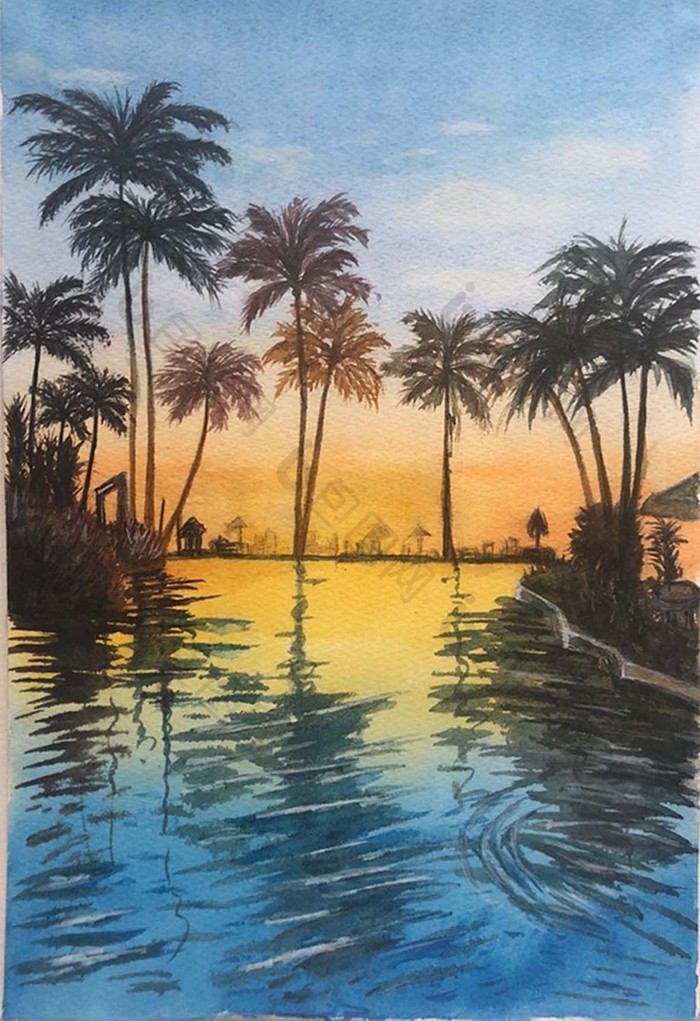 蓝色椰子树夏日海边风景水彩手绘的背景