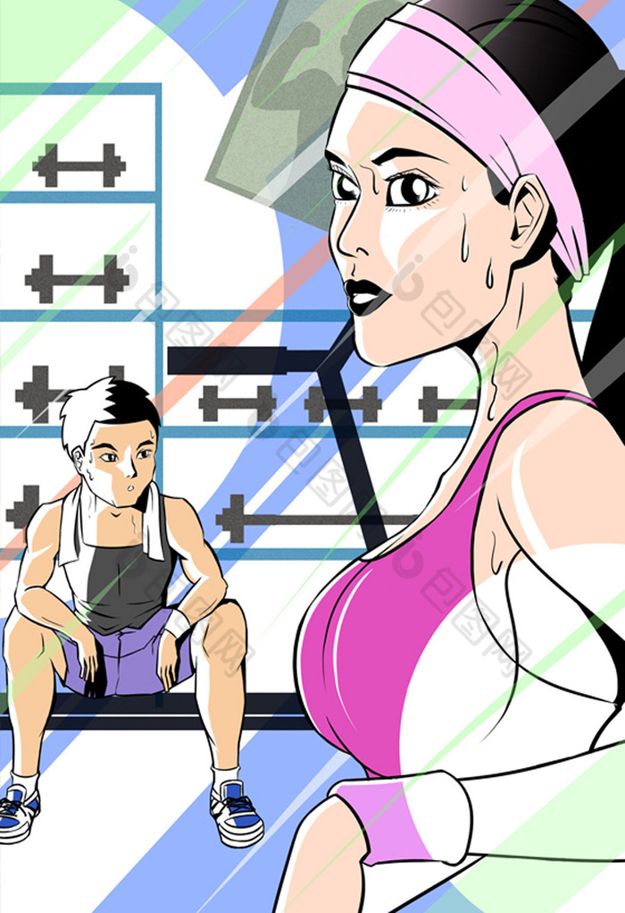 彩色畅爽青年健身房运动插画图片
