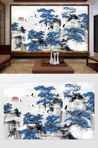 水墨手绘高山松树电视背景墙图片