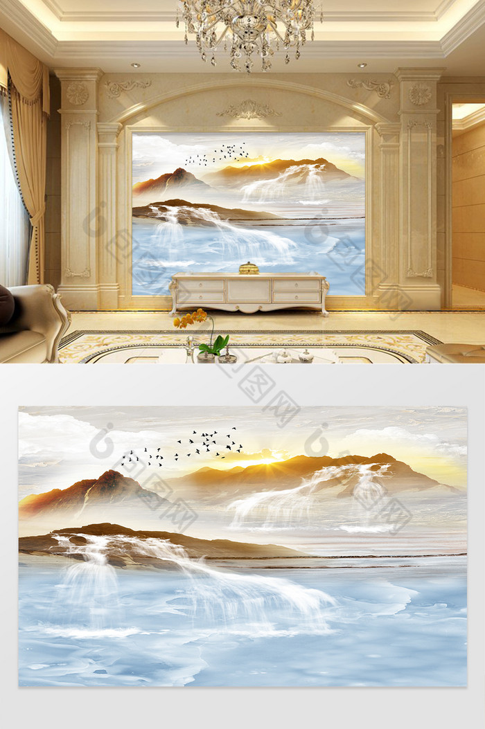 高清3D大理石纹山水花日出背景墙穿梭云海图片图片