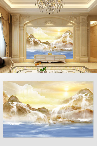 高清3D大理石纹山水花日出背景墙光彩印象图片