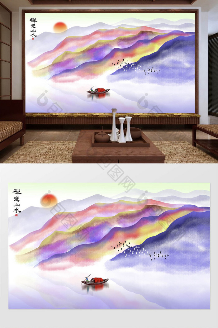 新中式抽象禅意山水背景装饰画