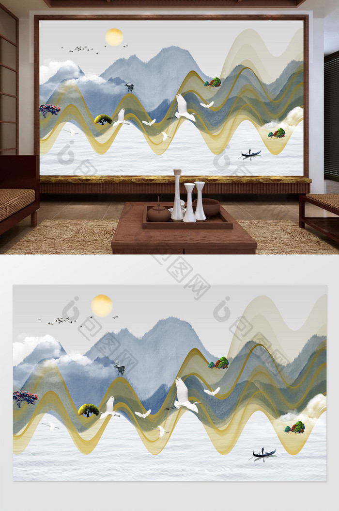 新中式抽象水墨山水电视背景墙定制