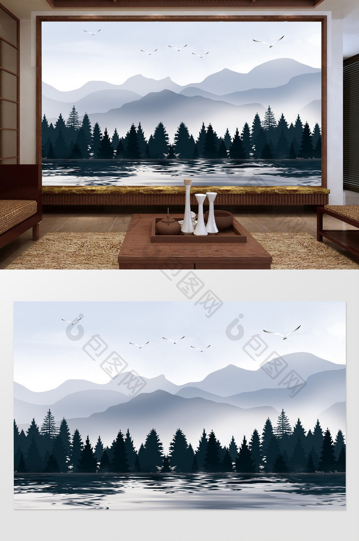 中式山水风景电视机背景墙
