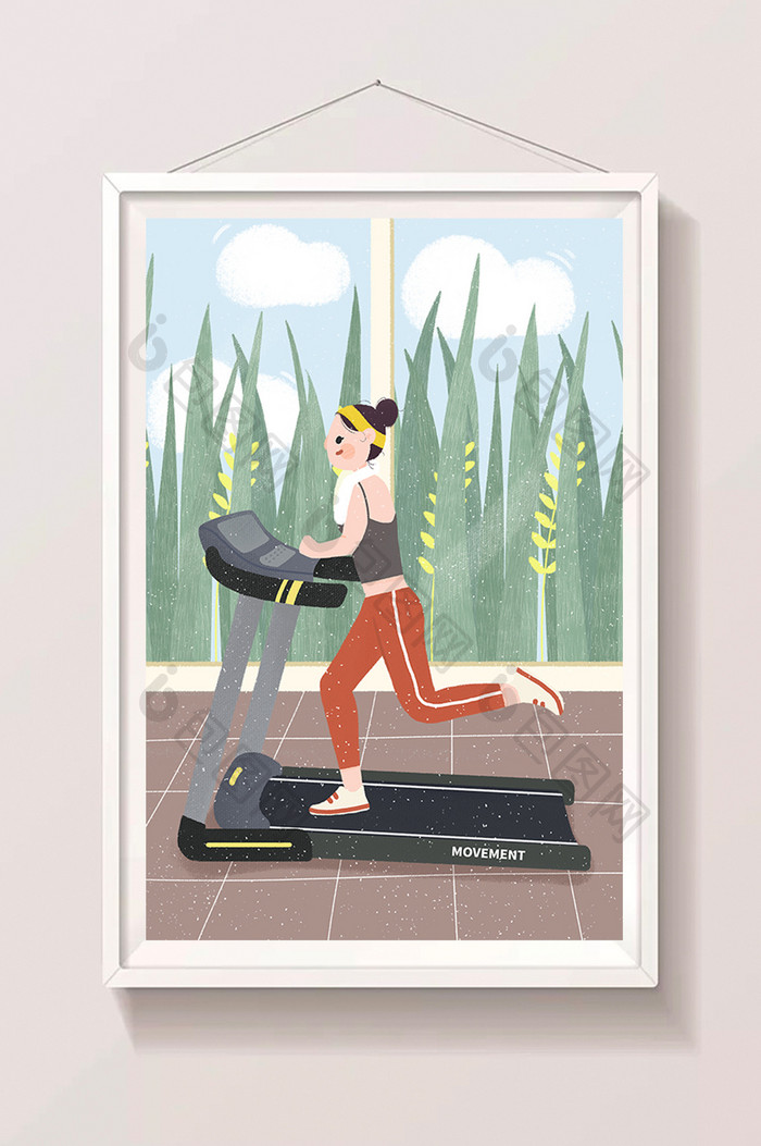 绿色运动健身锻炼跑步机插画手绘卡通女生