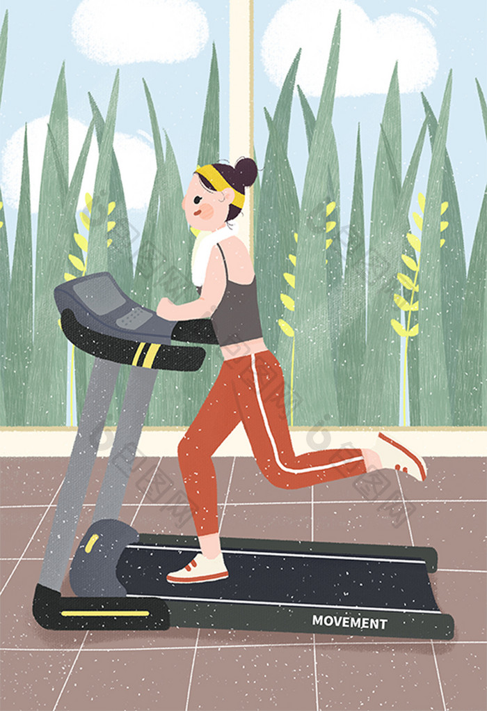 绿色运动健身锻炼跑步机插画手绘卡通女生