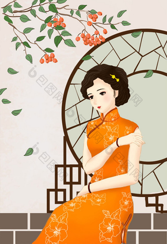 原创创意唯美清新民国复古旗袍是女手绘插画