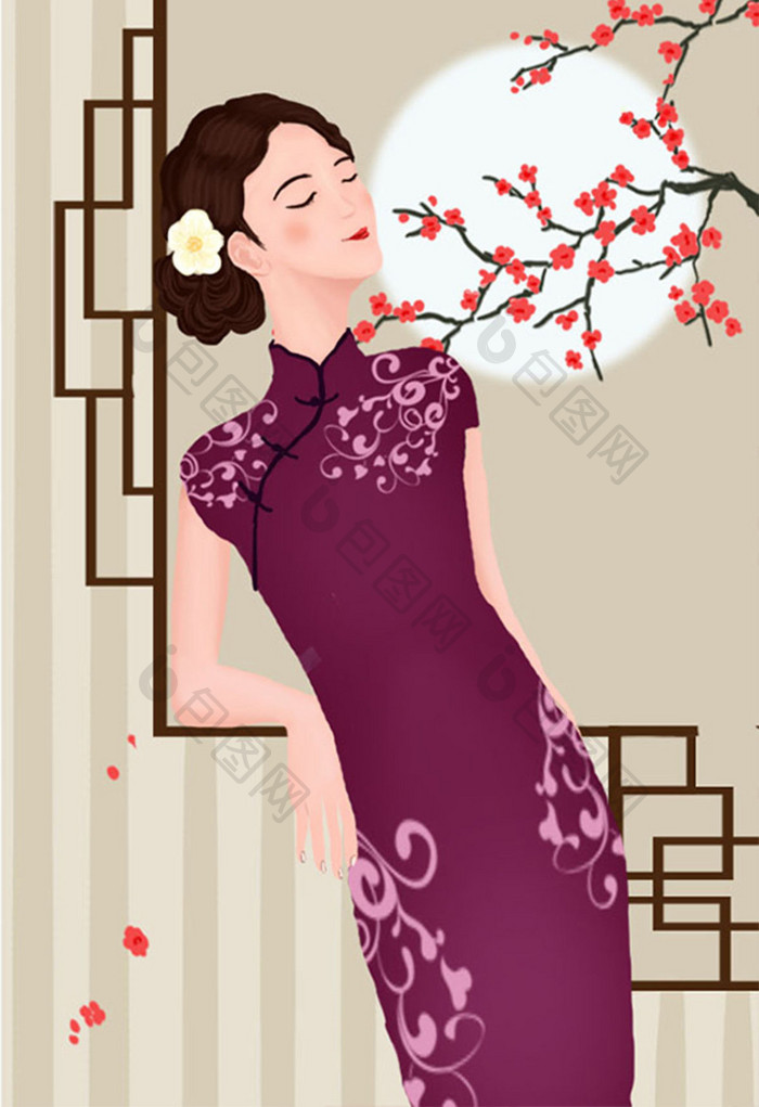 唯美清新紫色民国旗袍女性商品首页设计插画