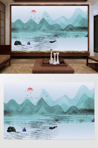 新中式手绘水墨山水禅意电视背景墙定制图片