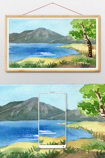 蓝色湖面绿色山水水彩手绘背景素材图片