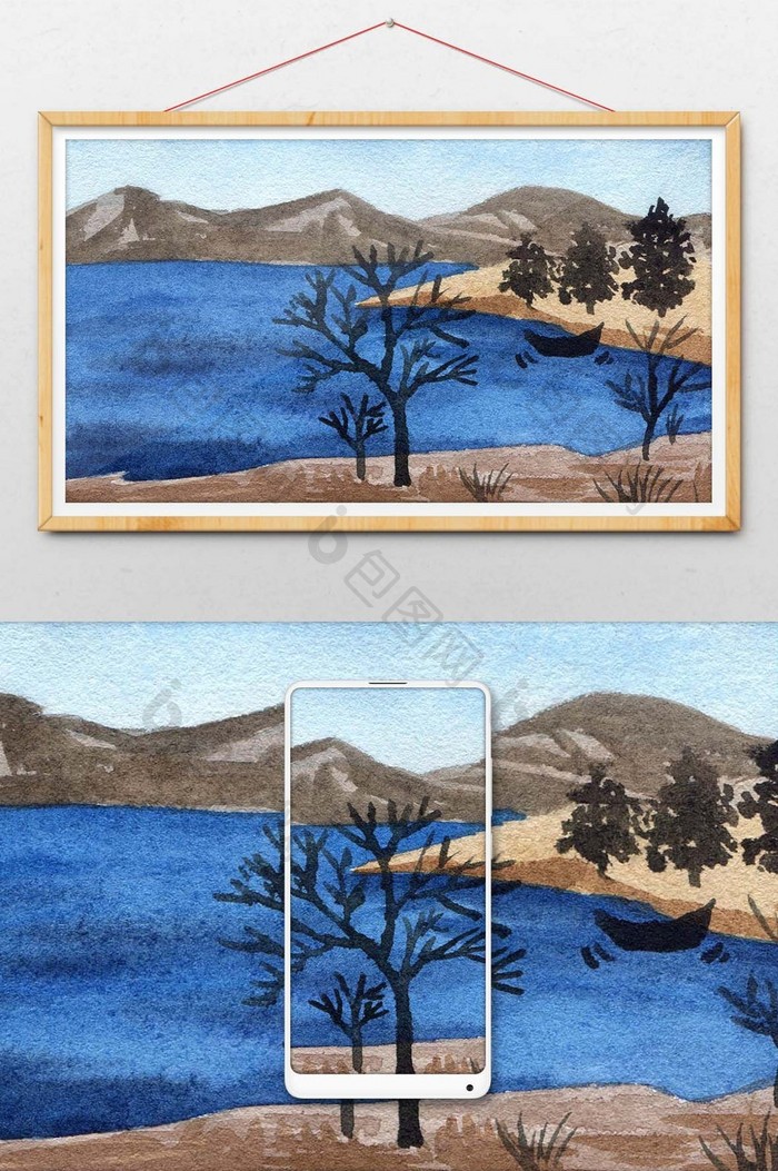 冷色调蓝色湖面山水手绘背景素材