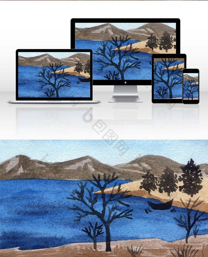 冷色调蓝色湖面山水手绘背景素材