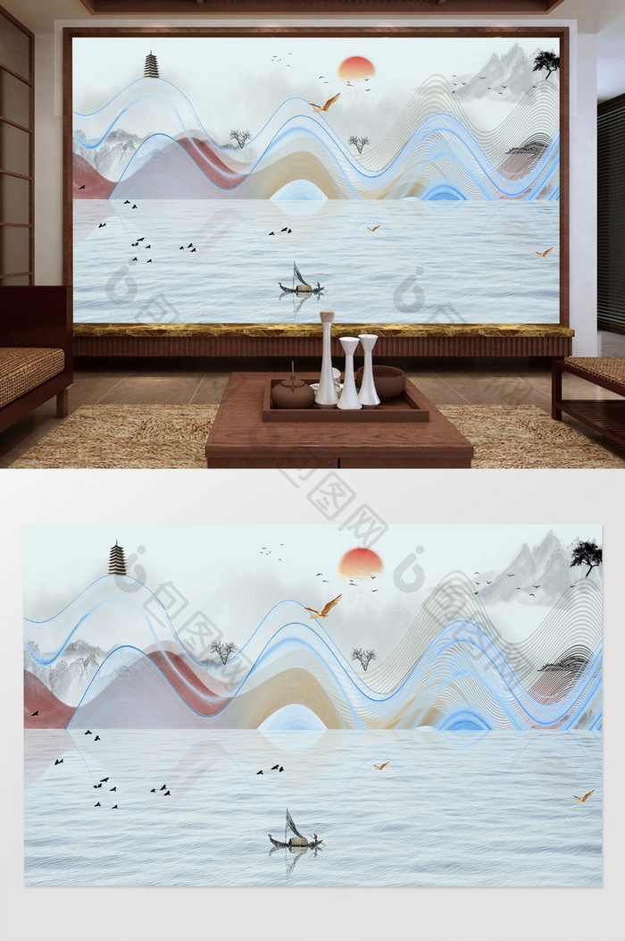 新中式禅意抽象山水线条电视背景墙