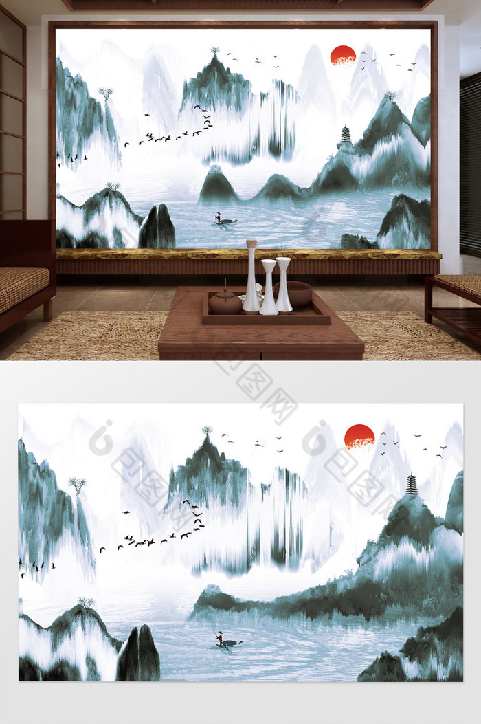 新中式手绘抽象山水禅意电视背景墙定制图片图片