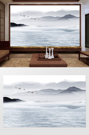 新中式创意水墨山水背景墙大美山河图片