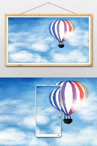 冷色调天空白云热气球手绘水彩插画背景图片