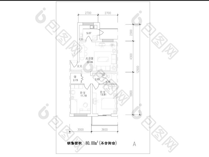 CAD两室一厅布局图